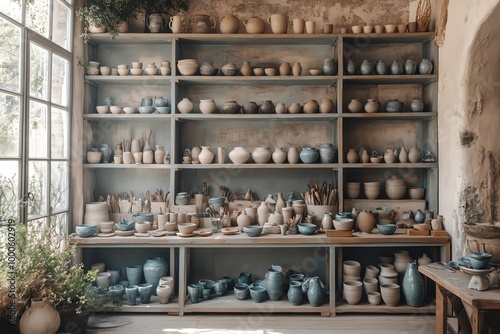 Wallpaper Mural A pottery studio with shelves filled with handmade ceramic pieces and a workbench with tools and finished products. Torontodigital.ca