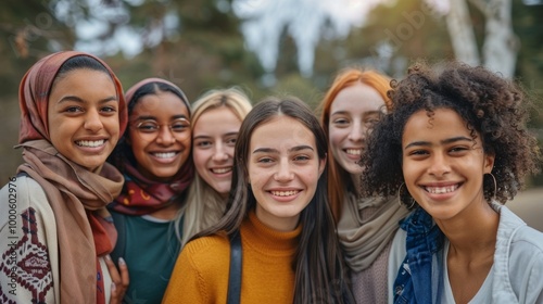 A diverse group of young women, all smiling warmly and standing closely together