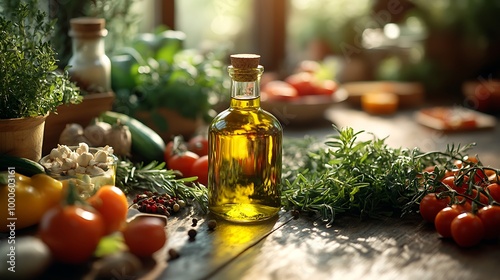 A bottle of olive oil sits on a rustic wooden table surrounded by fresh herbs and vegetables.