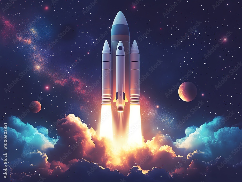 Fototapeta premium A powerful rocket launches into space with a trail of fire, surrounded by clouds and stars.