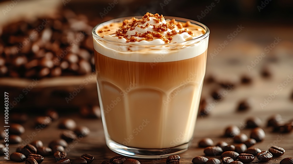 Steaming cup of coffee with whipped cream and coffee beans. Steaming cup of coffee with whipped cream and coffee beans.