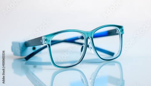 Blue eyeglasses on a white surface, reflecting light.