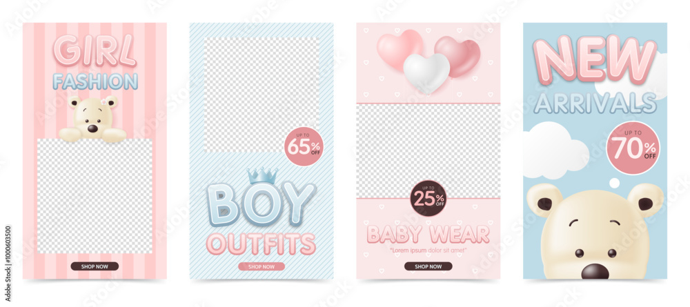 Set of banner template with cute bear for social media, baby store and kid shop, fashion, boy outfit, clothes and toy, advertising, sale discount promotion and online shop. vector illustration Set of banner template with cute bear for social media, baby store and kid shop, fashion, boy outfit, clothes and toy, advertising, sale discount promotion and online shop. vector illustration