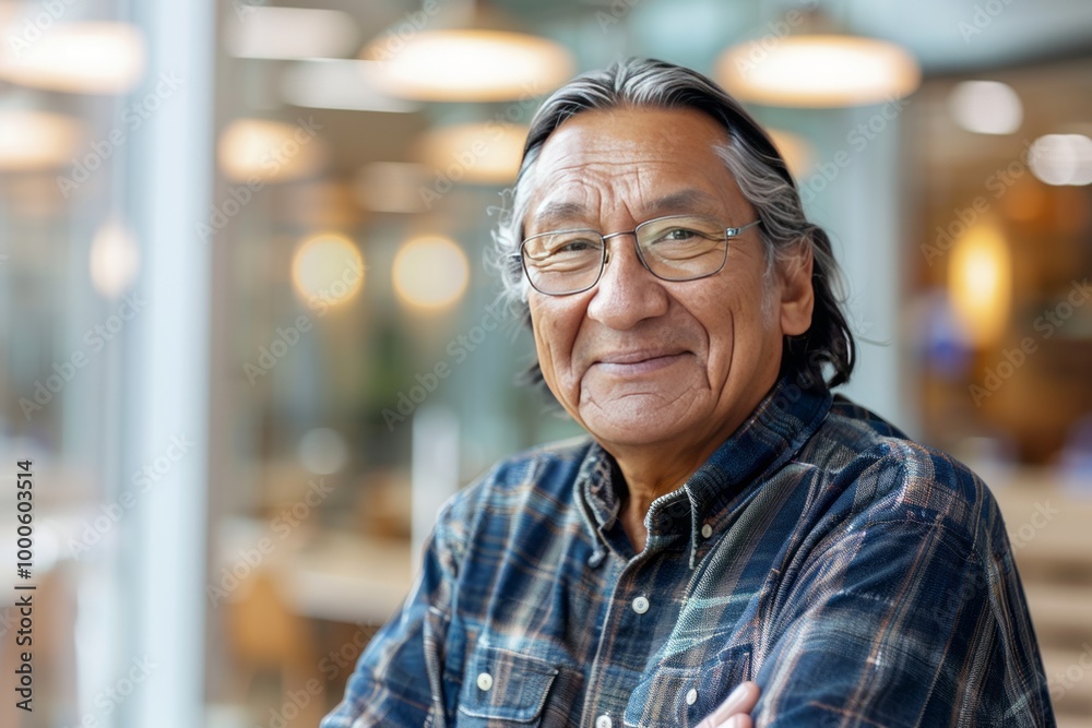 Portrait of successful senior Native American businessman consultant looking at camera and smiling inside modern office building , background blur Portrait of successful senior Native American businessman consultant looking at camera and smiling inside modern office building , background blur