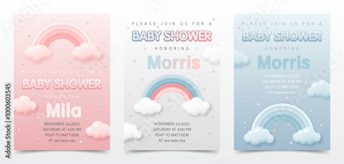 Set of baby shower invitation card including cute rainbow for greeting invitation welcome card, album, poster, online store, boy and girl birthday party. It's a boy, It's a girl