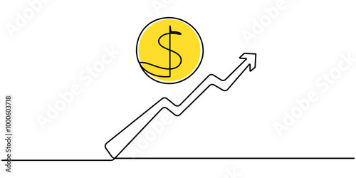 Dollar rising and increase to be stronger concept one line drawing vector, Continuous line drawing of arrow up. Illustration vector of graph. Business growth icon. Bar chart, object one single line