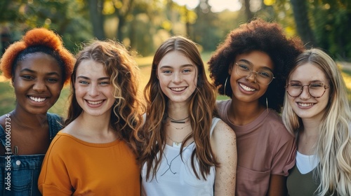 A friendly group of young women from different races, all standing closely and smiling warmly