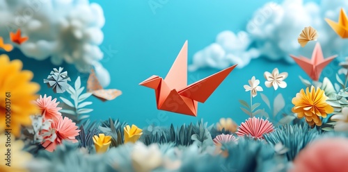 A red origami bird flies over a field of colorful paper flowers and clouds.