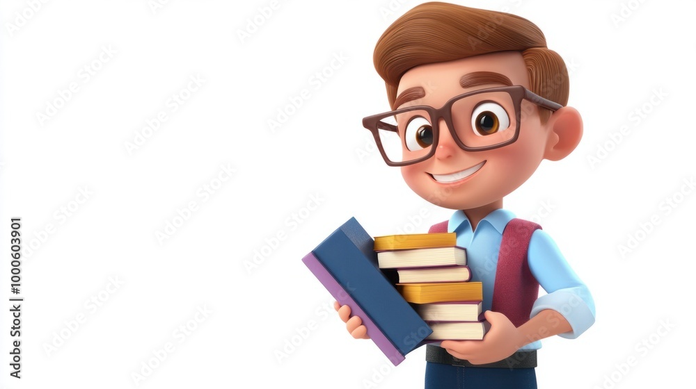 Adorable teacher character holding a small stack of books, wearing glasses, isolated on a clean white background. Adorable teacher character holding a small stack of books, wearing glasses, isolated on a clean white background.