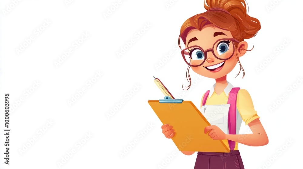 Adorable teacher character with a clipboard and glasses, holding a ruler, smiling brightly, isolated on a white background. Adorable teacher character with a clipboard and glasses, holding a ruler, smiling brightly, isolated on a white background.