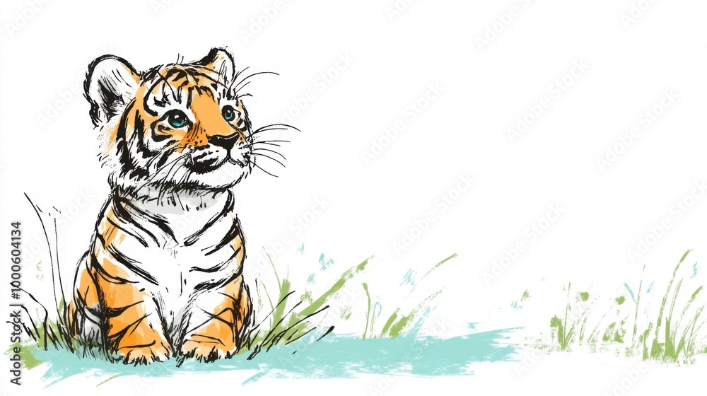 Cute Domestic Tiger Illustration in Grass Cute Domestic Tiger Illustration in Grass