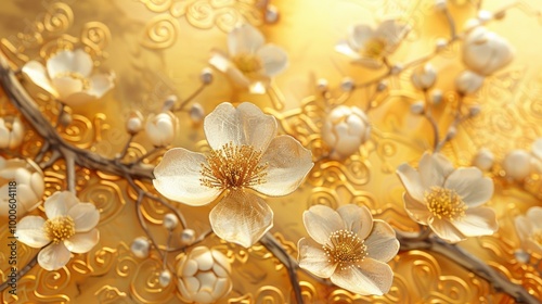 3D branches of golden arabesque style blossoms on golden background 