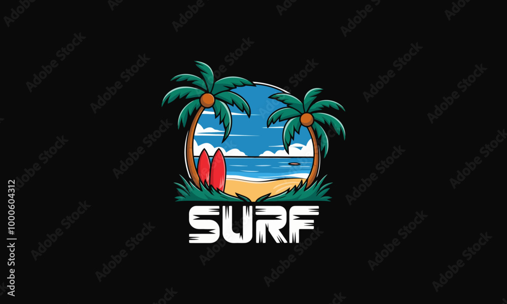 Naklejka premium Surfboards on beach with palm trees and ocean view.