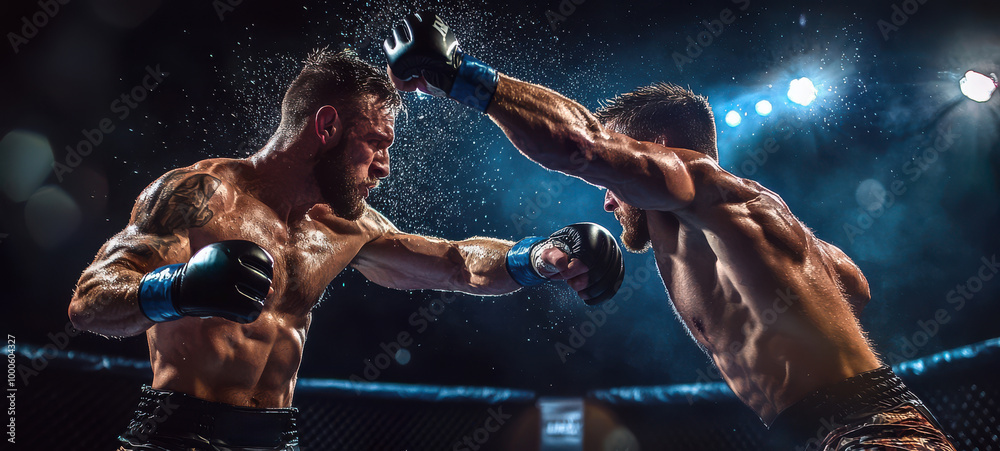 Fototapeta premium MMA Fighters In Action Mixed Martial Arts Competition Boxing Gloves Octagon Cage Sweat Fight Championship