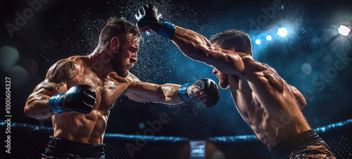 MMA Fighters In Action  Mixed Martial Arts Competition  Boxing Gloves  Octagon Cage   Sweat  Fight  Championship photo