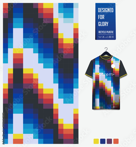 soccer jersey fabric textile pattern design for football kit, sport t-shirt mockup for football club. Uniform front view. Geometric pattern for sport background. Pixel pattern.