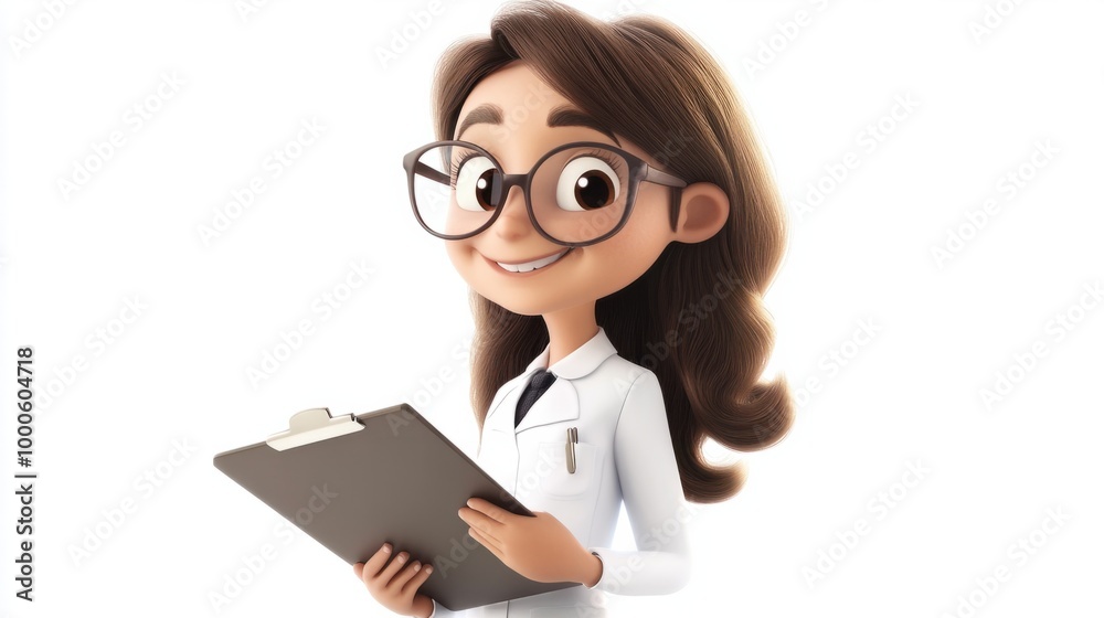 Adorable teacher character with glasses and a big smile, holding a clipboard, isolated on a clean white background. Adorable teacher character with glasses and a big smile, holding a clipboard, isolated on a clean white background.