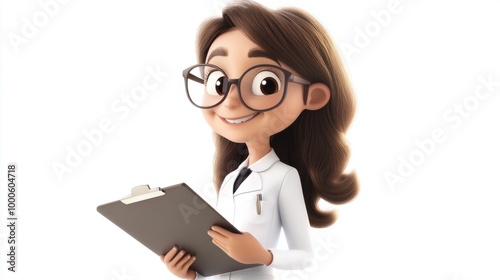 Adorable teacher character with glasses and a big smile, holding a clipboard, isolated on a clean white background.