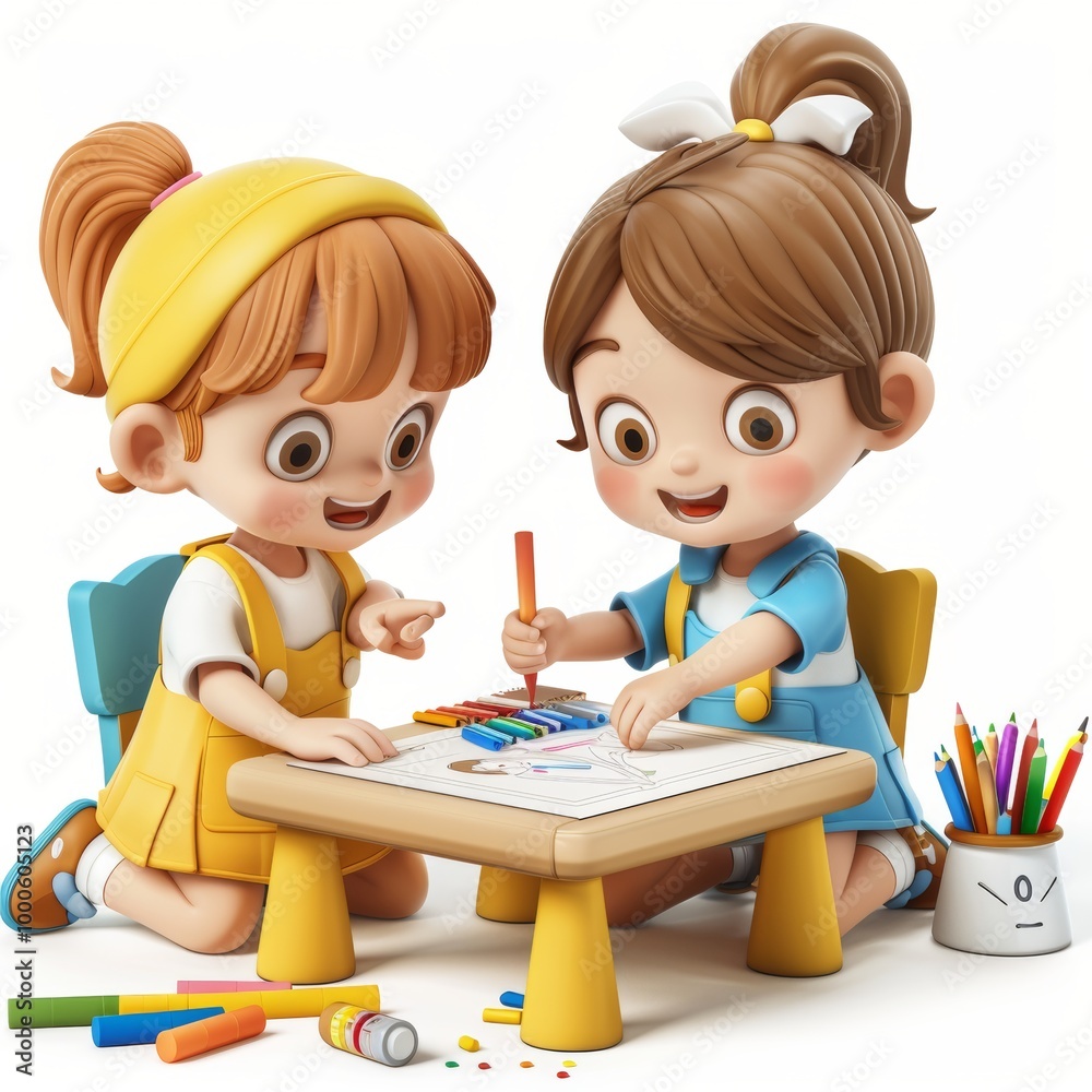 Cartoon 3D children drawing and coloring at a small table Isolated white background Cartoon 3D children drawing and coloring at a small table Isolated white background