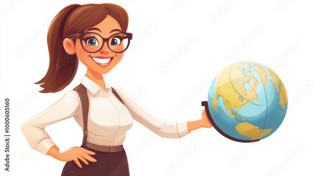 Fototapeta premium Cartoon teacher holding a globe, pointing to continents, smiling confidently, isolated on a white background.