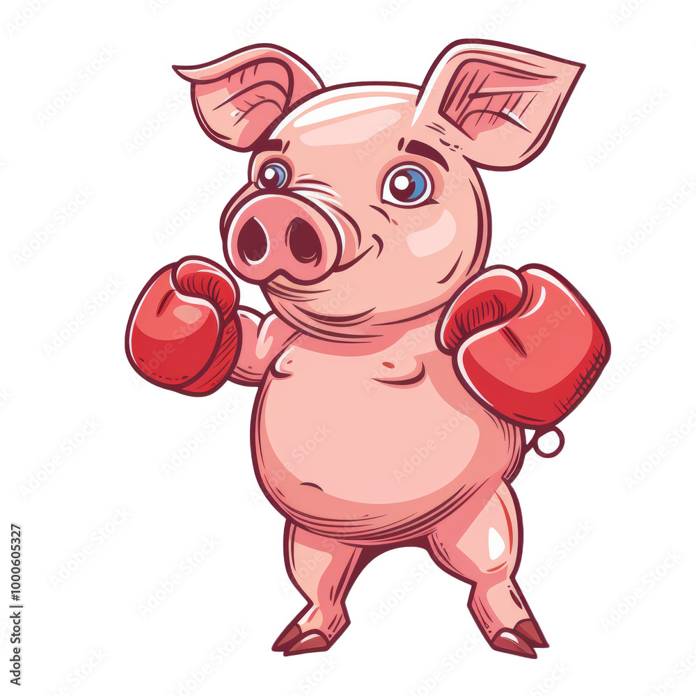 A cartoon pink pig wearing red boxing gloves. A cartoon pink pig wearing red boxing gloves.