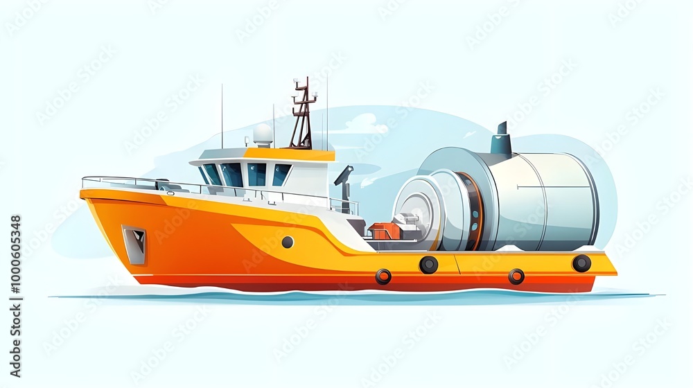 A vibrant orange ship with a large cylindrical structure, set against a light blue background, illustrating maritime engineering. A vibrant orange ship with a large cylindrical structure, set against a light blue background, illustrating maritime engineering.