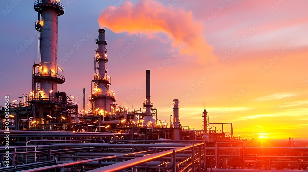 A vibrant sunset illuminates an industrial scene with towering smokestacks, casting silhouettes against the colorful sky. A vibrant sunset illuminates an industrial scene with towering smokestacks, casting silhouettes against the colorful sky.