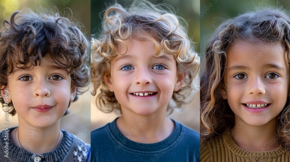 A close-up of three children with varied hair types, smiling warmly A close-up of three children with varied hair types, smiling warmly