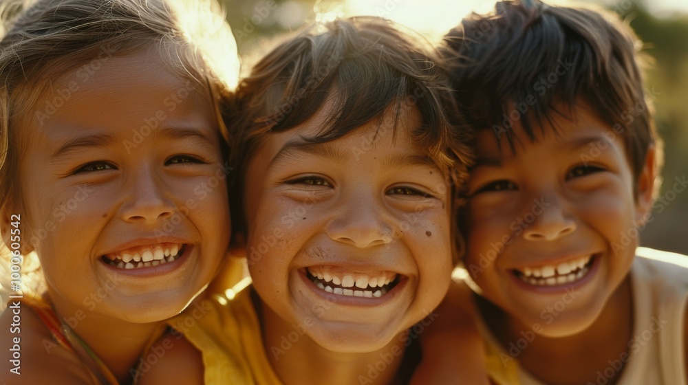 A close-up of three happy kids from different backgrounds, smiling together A close-up of three happy kids from different backgrounds, smiling together