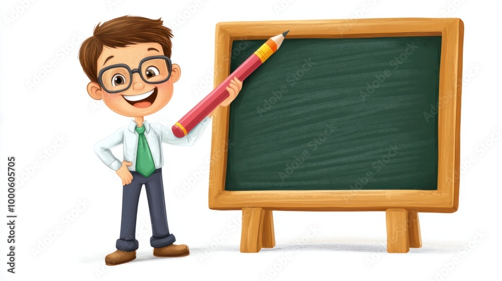 Cartoon teacher with a friendly smile holding a giant pencil and pointing to a chalkboard, isolated on white background. Cartoon teacher with a friendly smile holding a giant pencil and pointing to a chalkboard, isolated on white background.