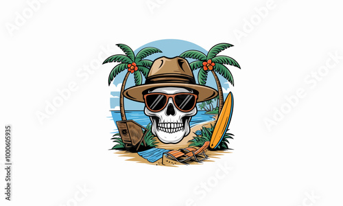 Skull with sunglasses and hat, tropical sunset