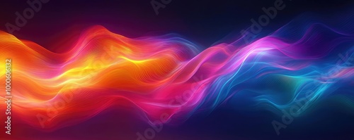 A vibrant wave of colorful light flows gracefully across a dark background, creating a mesmerizing visual effect.