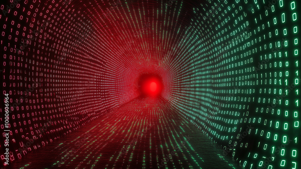 A digital tunnel design featuring glowing red and green binary code patterns on a dark background. For technology, digital, and futuristic concepts. A digital tunnel design featuring glowing red and green binary code patterns on a dark background. For technology, digital, and futuristic concepts.