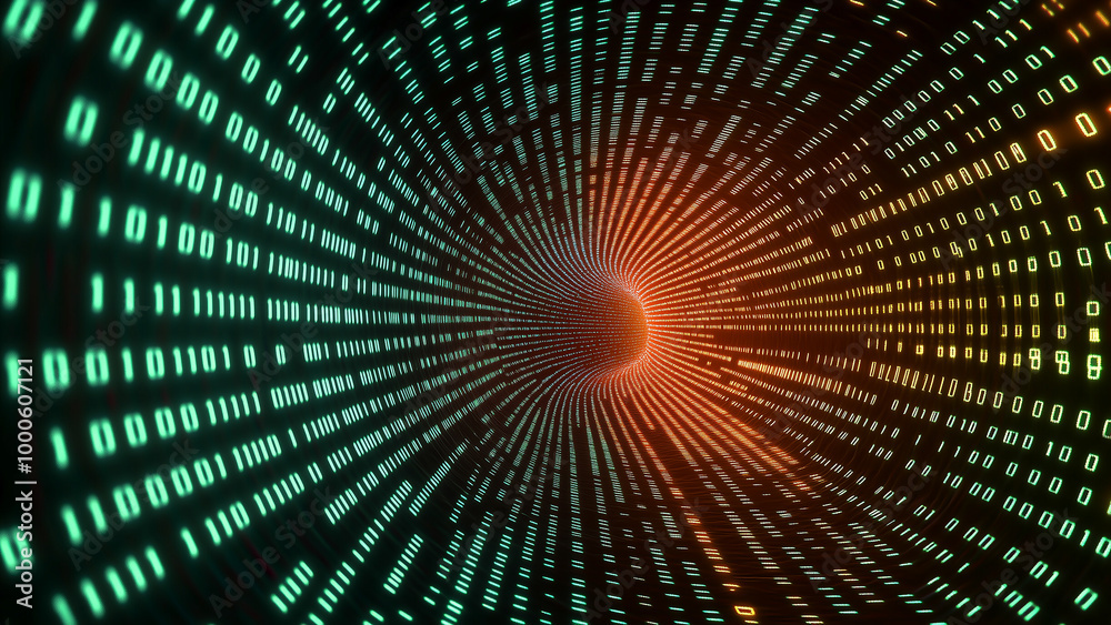 A luminous pattern of binary code in a curved tunnel formation set against a dark backdrop. For digital transformation, coding, and data themes. A luminous pattern of binary code in a curved tunnel formation set against a dark backdrop. For digital transformation, coding, and data themes.