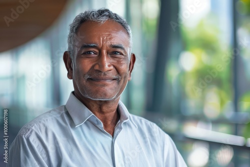 Portrait of successful senior Sinhalese businessman consultant looking at camera and smiling inside modern office building , background blur photo