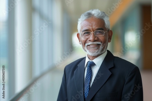 Portrait of successful senior Tamil businessman consultant looking at camera and smiling inside modern office building , background blur