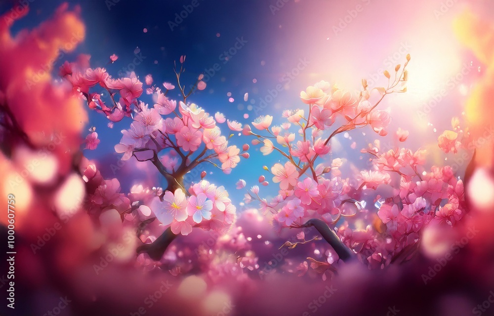 A dreamy scene of pink cherry blossoms blooming under a bright sky, with soft petals falling. A dreamy scene of pink cherry blossoms blooming under a bright sky, with soft petals falling.
