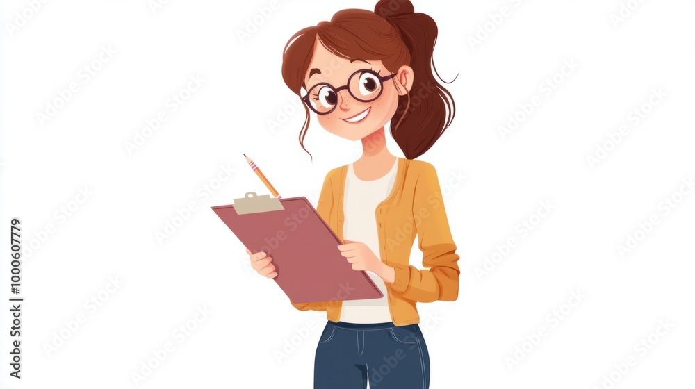 Cute teacher with glasses, holding a clipboard and a pencil, ready for the lesson, isolated on a clean white background. Cute teacher with glasses, holding a clipboard and a pencil, ready for the lesson, isolated on a clean white background.