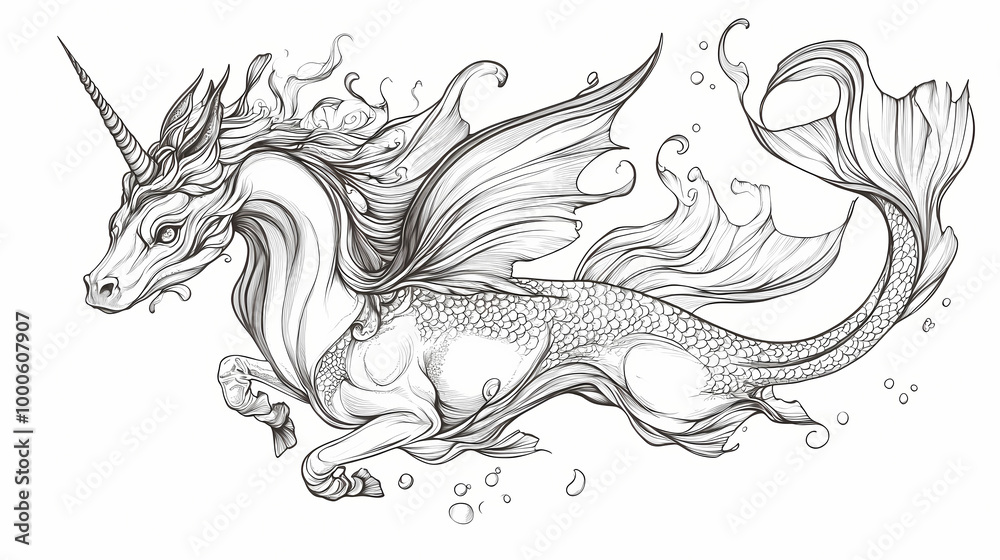 Fototapeta premium Detailed line drawing of a mythical creature with the head of a unicorn, the body of a dragon and the tail of a fish. Selkie. Illustration