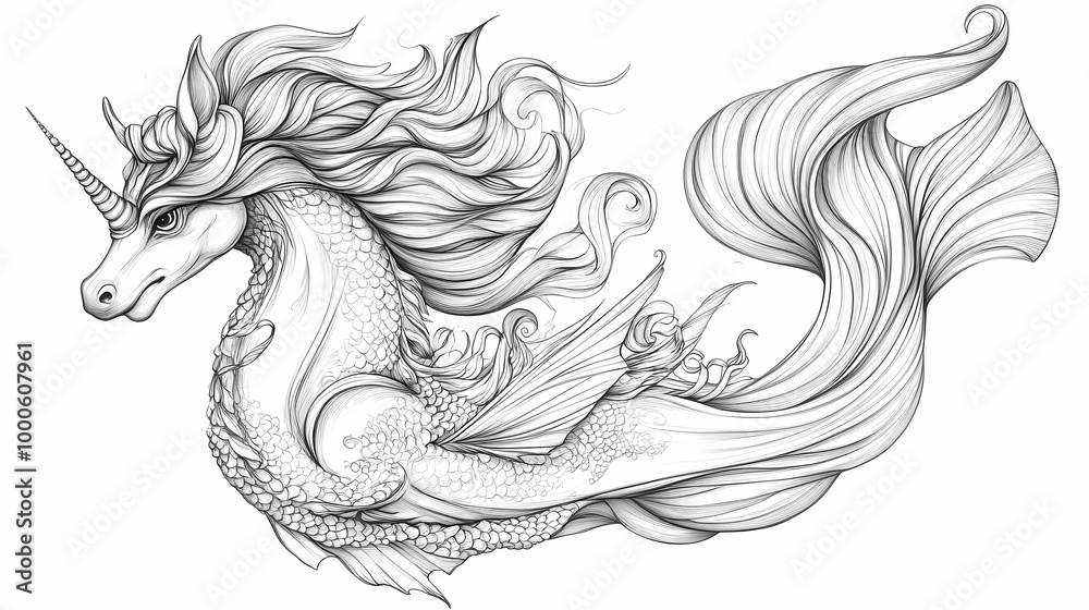 Obraz premium Detailed line drawing of a mythical creature with the head of a unicorn, the body of a dragon and the tail of a fish. Selkie. Illustration
