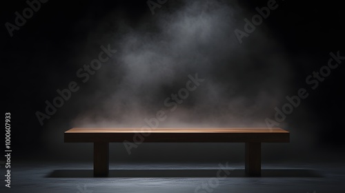 3. A minimalist scene featuring an empty wooden table with smoke rising gracefully in a dark environment, providing a striking platform for presenting products