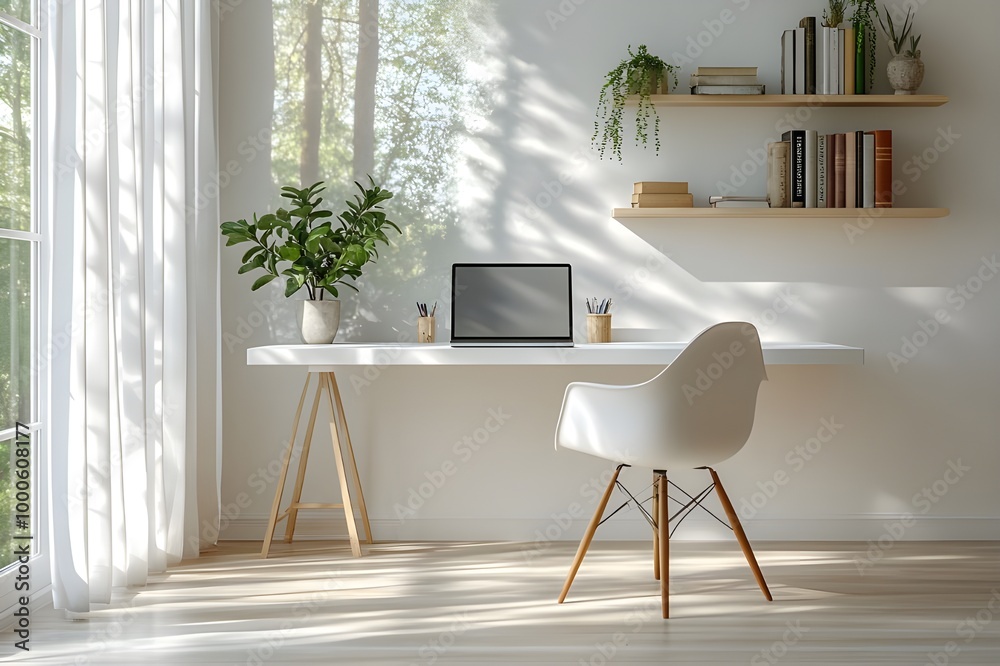 Fototapeta premium interior architectural design, home office for modern minimalistic house, Minimalist, Home, Office, Simple, White, Desk, Modern, Chair, Laptop, Room, A Clean and Minimalist Workspace