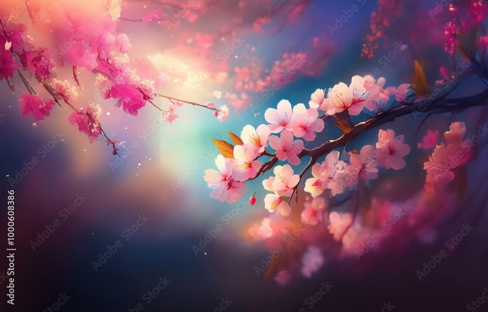 Pink cherry blossoms on a branch against a soft, pastel colored sky. Pink cherry blossoms on a branch against a soft, pastel colored sky.
