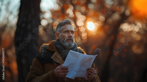 middle aged Caucasian man giving eulogy at outdoor funeral ceremony
