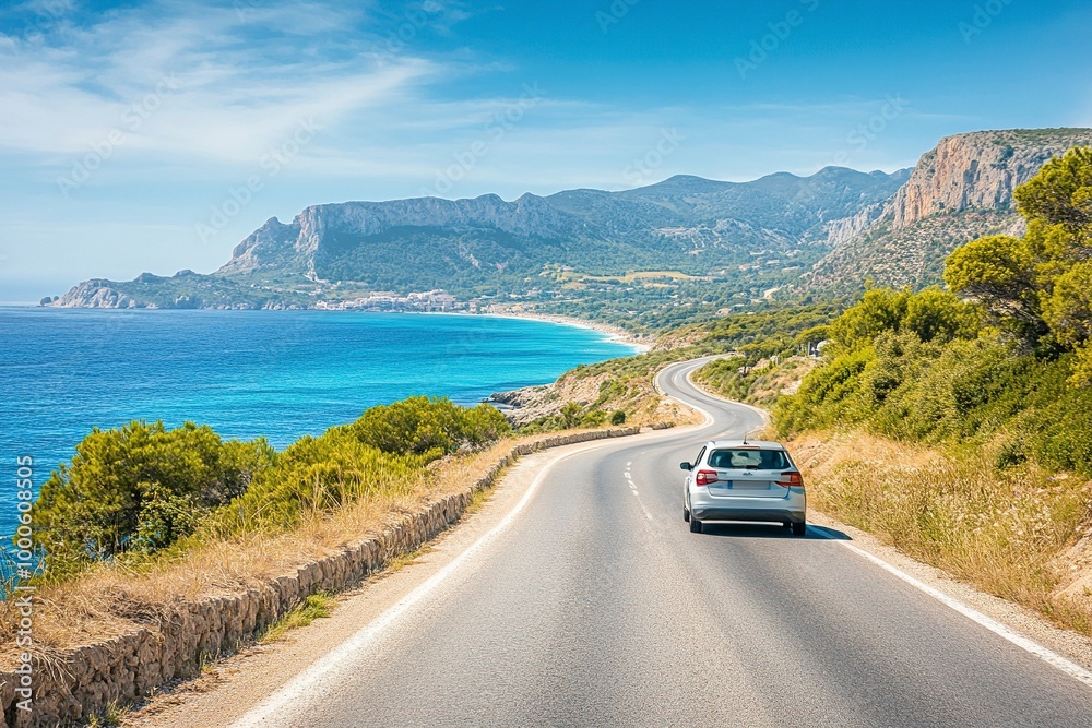 White car drive on road of mediterranean beach. driving on coast of Spain. Highway view on coast on way to summer holiday. Europe travel trip in sea coast road landscape. generative ai White car drive on road of mediterranean beach. driving on coast of Spain. Highway view on coast on way to summer holiday. Europe travel trip in sea coast road landscape. generative ai