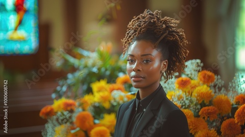 black woman giving eulogy at indoor funeral ceremony. photo