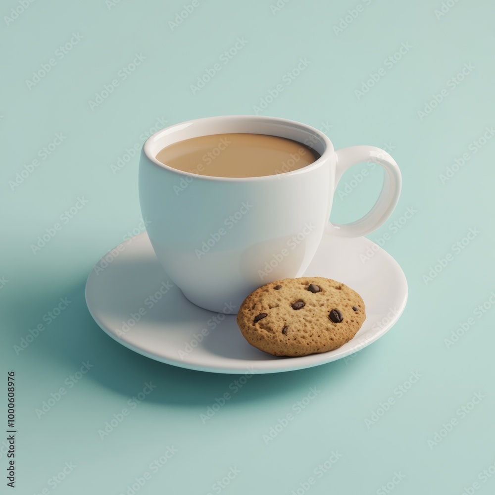 A simple 3D depiction of a coffee cup with a cookie, highlighting the classic pairing for a coffee break A simple 3D depiction of a coffee cup with a cookie, highlighting the classic pairing for a coffee break