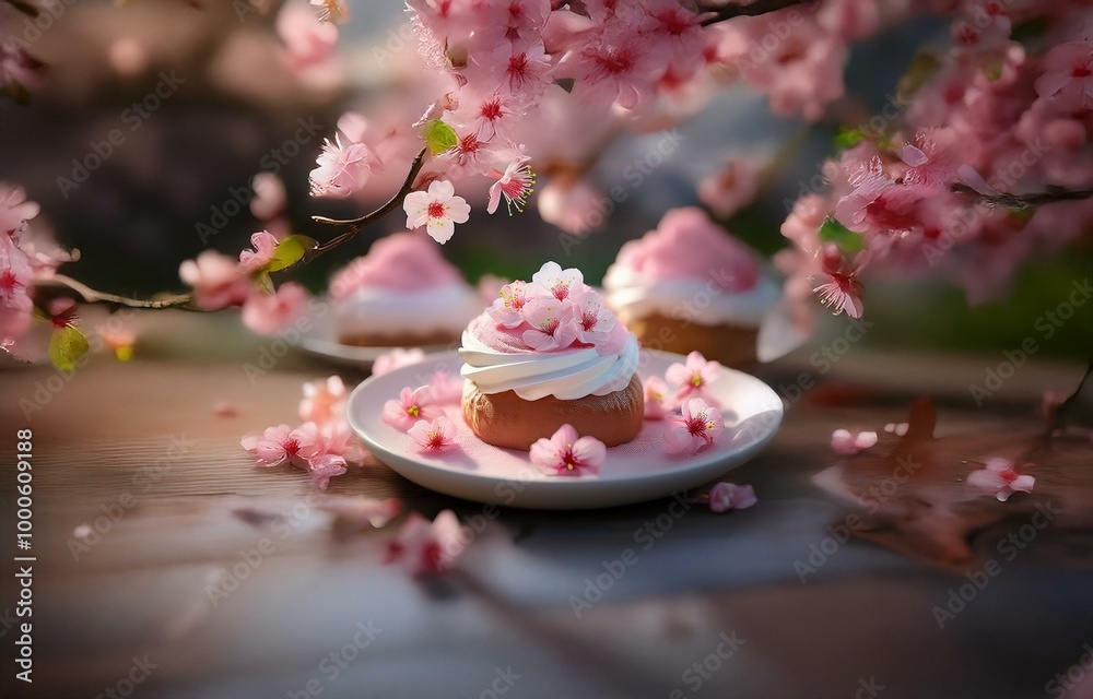 Pink blossoms cascade over a single pastry topped with whipped cream and surrounded by petals. Pink blossoms cascade over a single pastry topped with whipped cream and surrounded by petals.