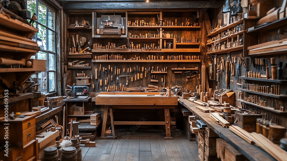 Fototapeta premium A traditional woodworking workshop with tools, materials, and a workbench.