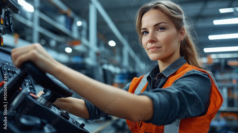Confident female operator controlling machinery in an industrial environment, emphasizing skill and professionalism. Women in industry and operational excellence concept Confident female operator controlling machinery in an industrial environment, emphasizing skill and professionalism. Women in industry and operational excellence concept